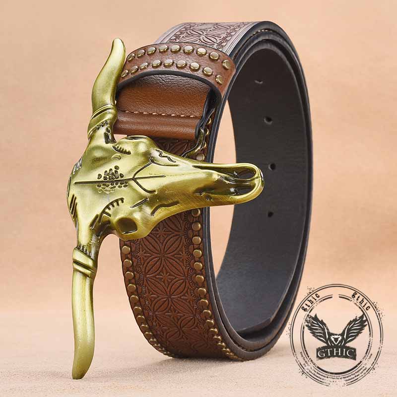 Punk Bull Head Buckle PU Leather Embossed Belt