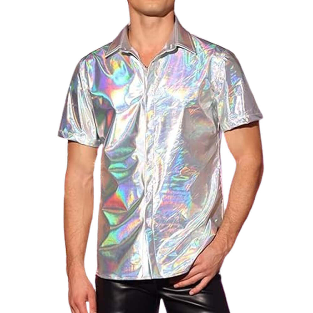 Punk Casual Lapel Shiny Short-Sleeved Shirt