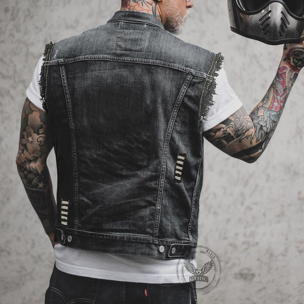 Punk Casual Ripped Lapel Collar Denim Vest | Gthic.com