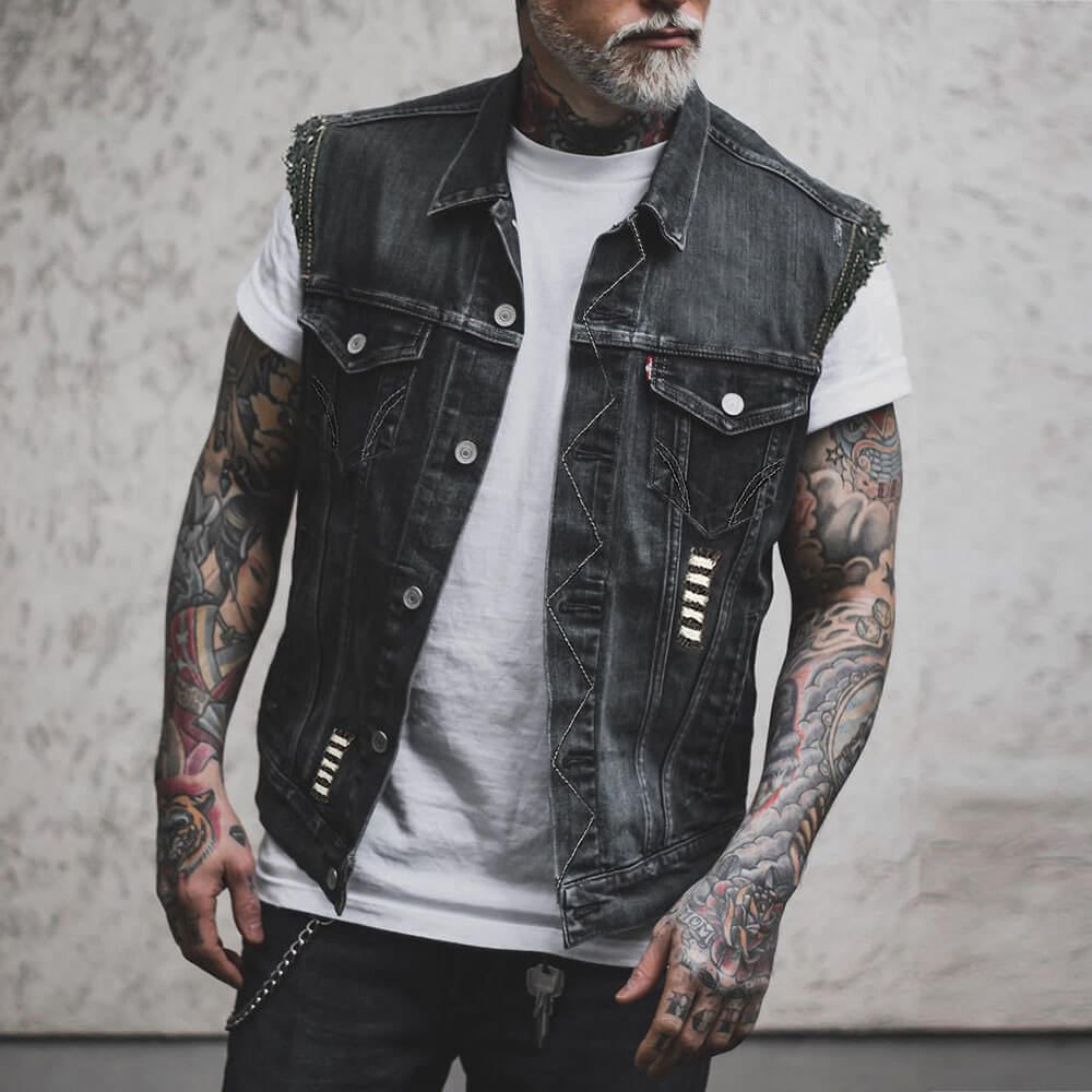 Punk Casual Ripped Lapel Collar Denim Vest | Gthic.com