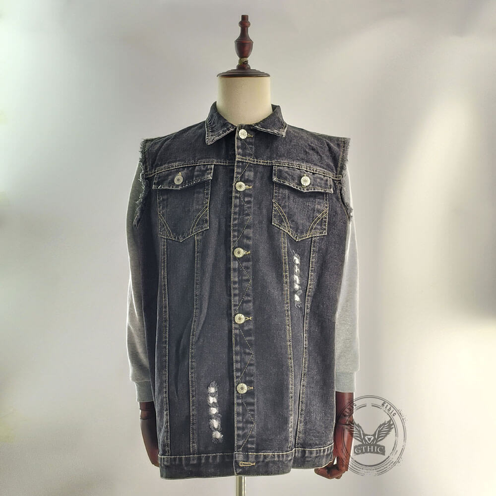Punk Casual Ripped Lapel Collar Denim Vest | Gthic.com