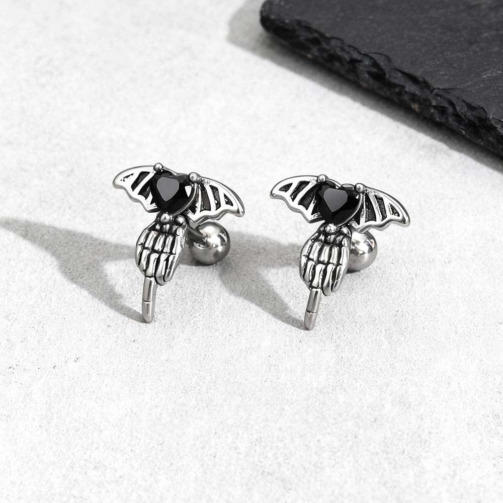 Punk Claw Black Zircon Wing Stainless Steel Screw Earrings | Gthic.com