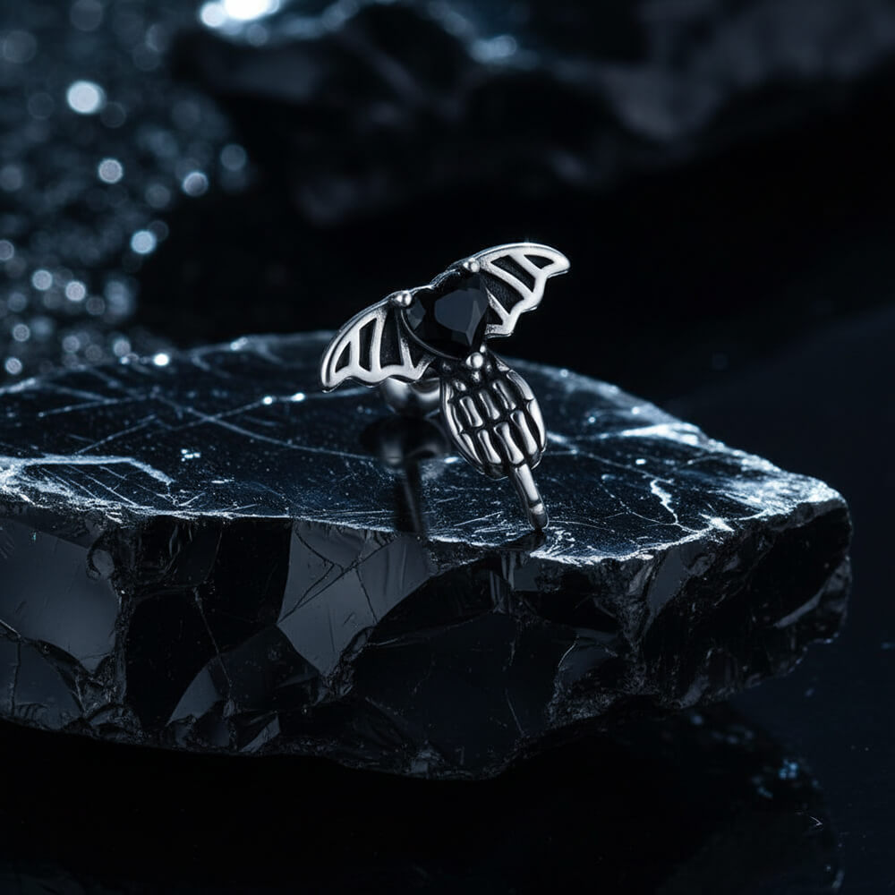 Punk Claw Black Zircon Wing Stainless Steel Screw Earrings | Gthic.com