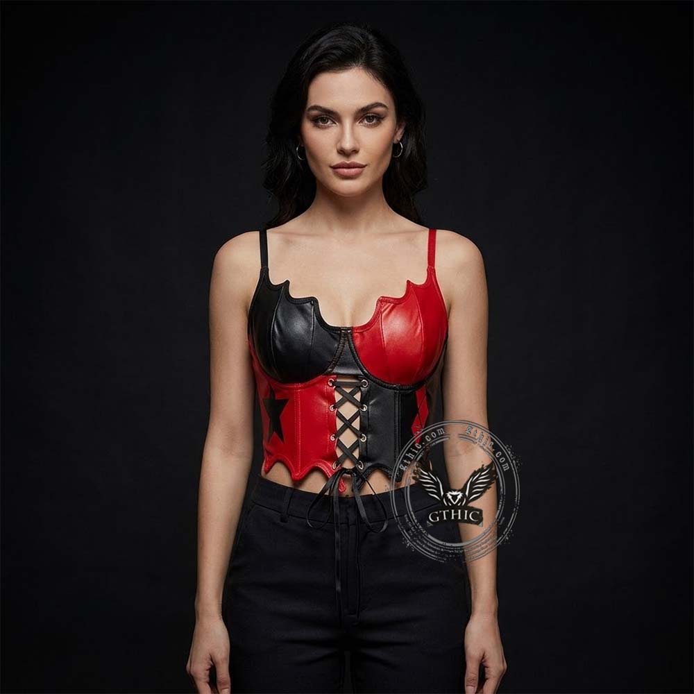 Punk Colorblock Lace-Up PU Leather Corset Top | Gthic.com
