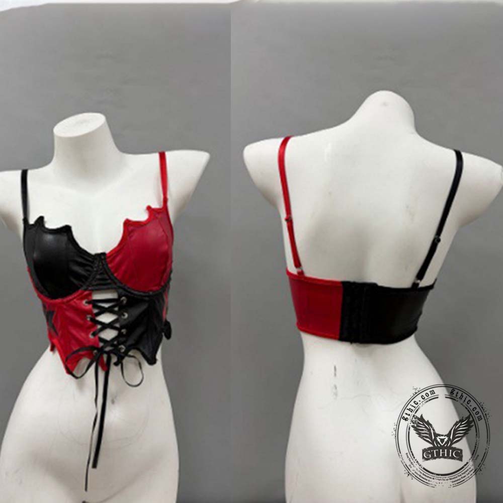 Punk Colorblock Lace-Up PU Leather Corset Top | Gthic.com