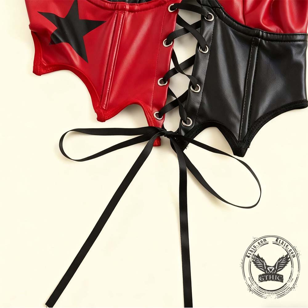 Punk Colorblock Lace-Up PU Leather Corset Top