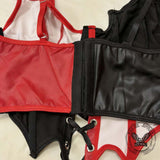 Punk Colorblock Lace-Up PU Leather Corset Top