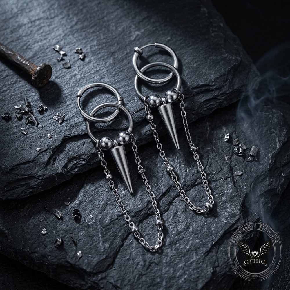 Punk Conical Spikes Tassels Stainless Steel Earrings | Gthic.com