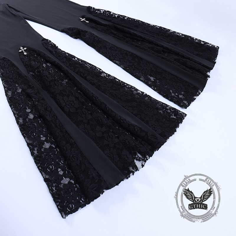 Punk Cross Decoration High-Rise Lace Hollow Flared Pants