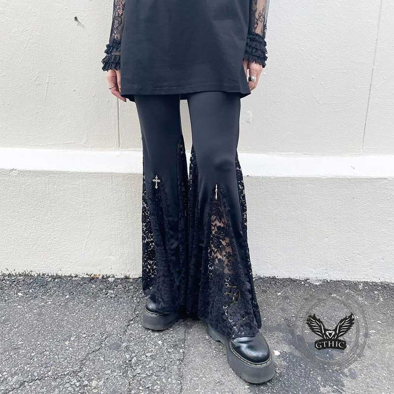 Punk Cross Decoration High-Rise Lace Hollow Flared Pants