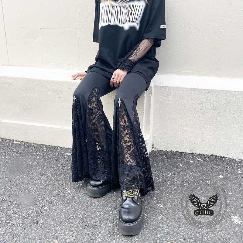 Punk Cross Decoration High-Rise Lace Hollow Flared Pants