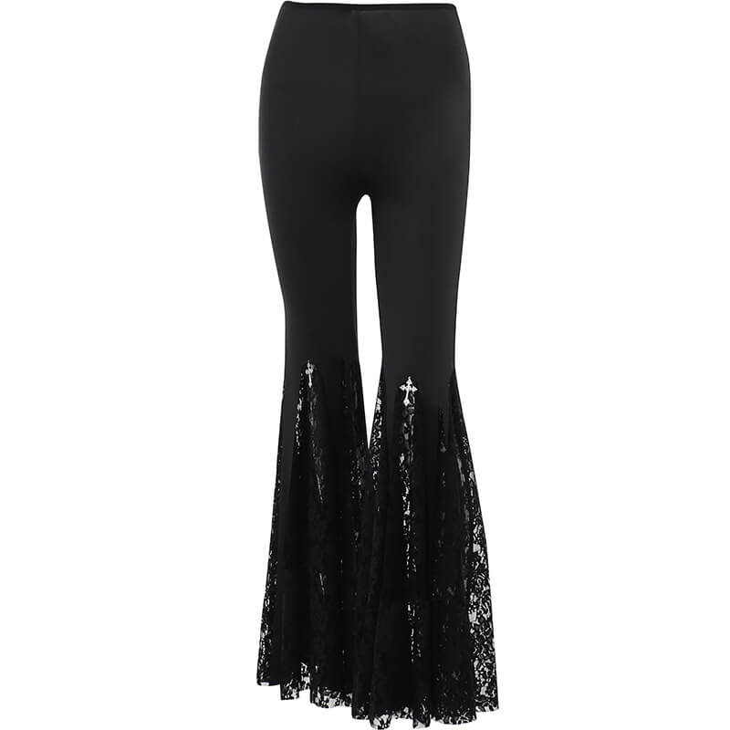 Punk Cross Decoration High-Rise Lace Hollow Flared Pants 03 | Gthic.com