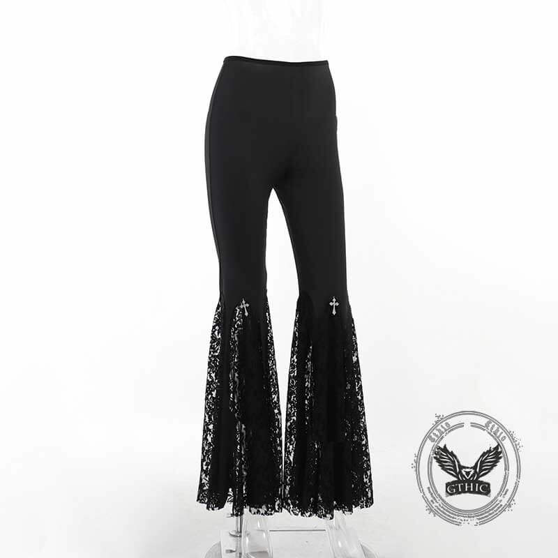 Punk Cross Decoration High-Rise Lace Hollow Flared Pants