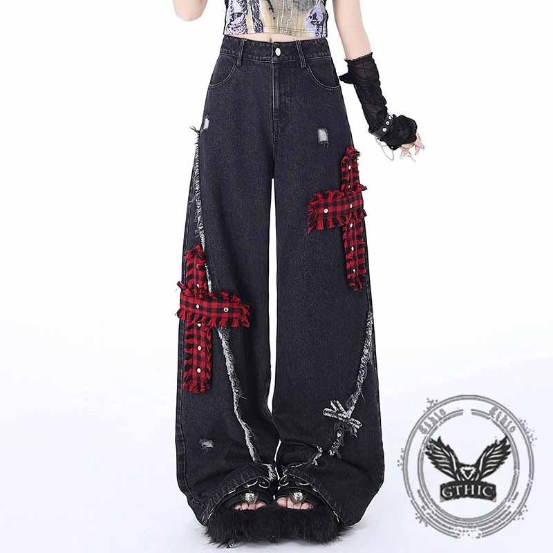 Punk Cross Pattern High Waist Straight-Leg Jeans 01 | Gthic.com