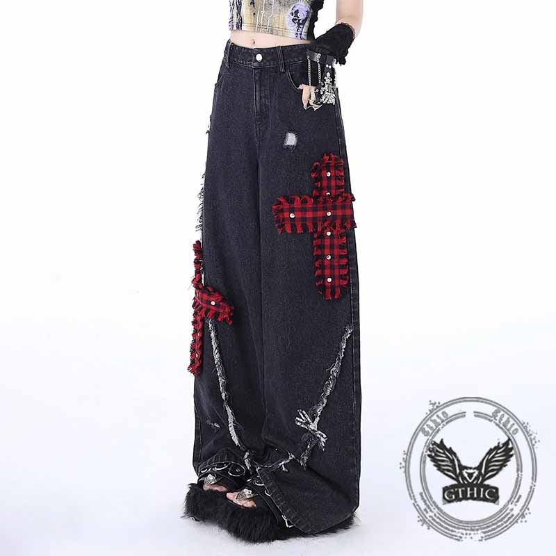 Punk Cross Pattern High Waist Straight-Leg Jeans 02 | Gthic.com
