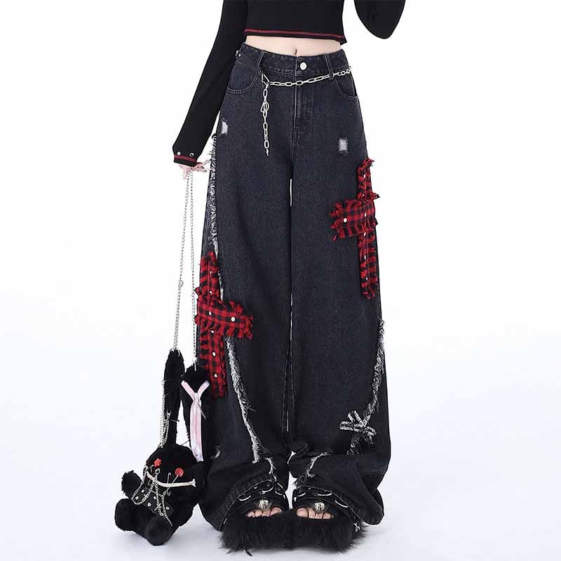 Punk Cross Pattern High Waist Straight-Leg Jeans 03 | Gthic.com
