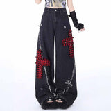 Punk Cross Pattern High Waist Straight-Leg Jeans 01 | Gthic.com