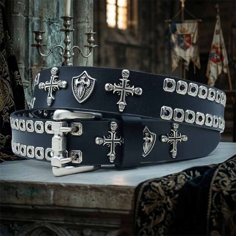 Punk Cross Skull Shield Cutout Rivet Genuine Leather Belt – GTHIC