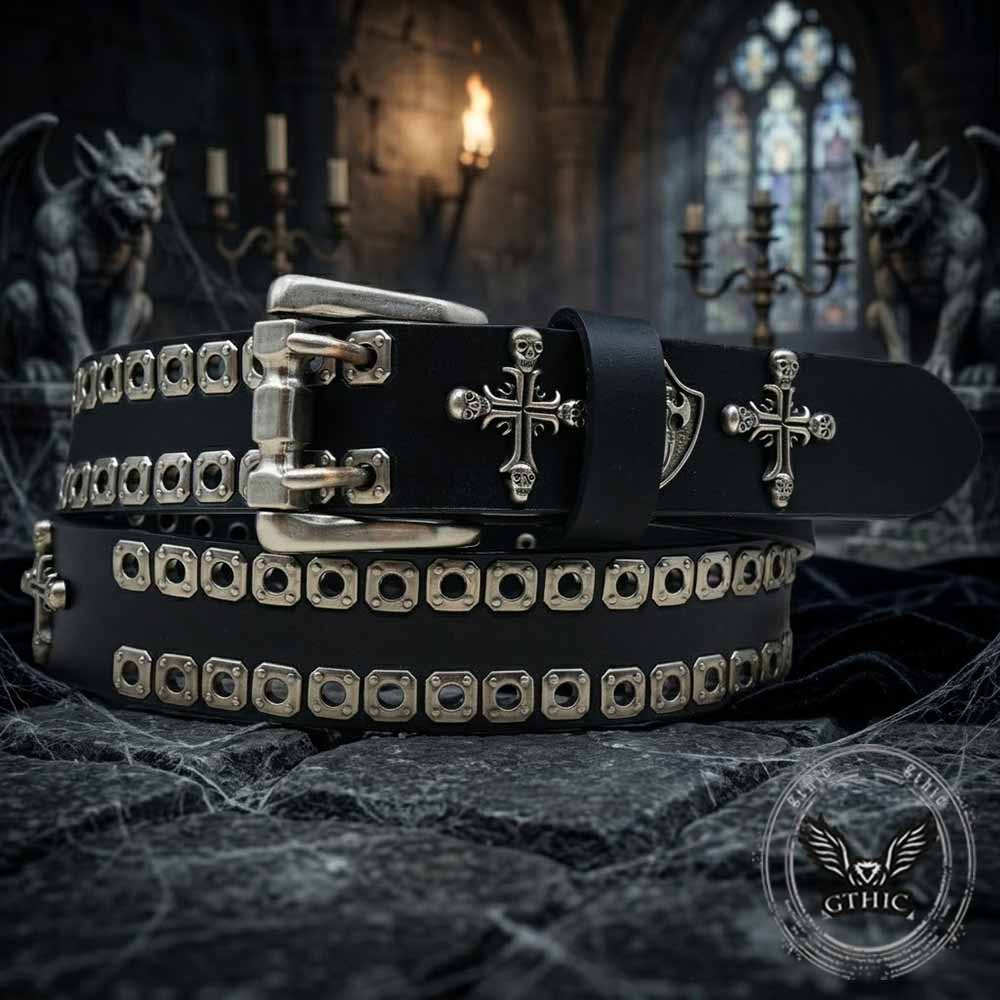Punk Cross Skull Shield Cutout Rivet Genuine Leather Belt | Gthic.com