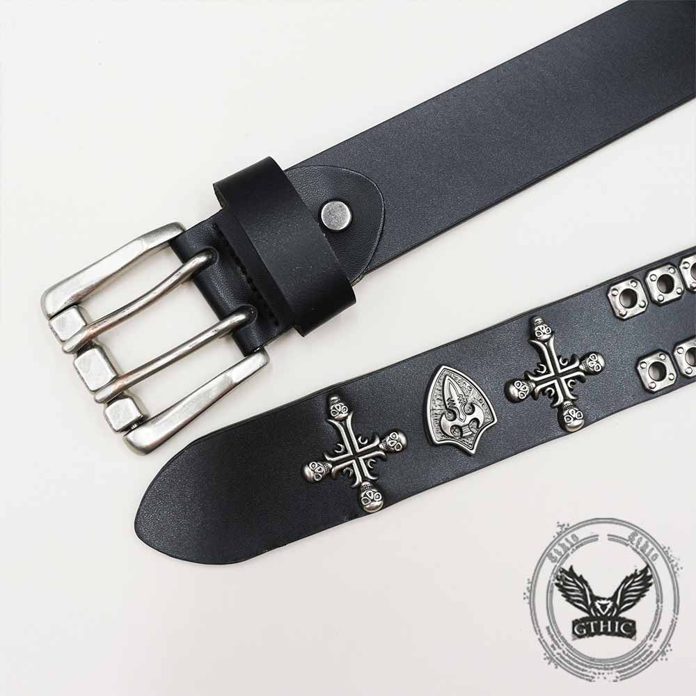 Punk Cross Skull Shield Cutout Rivet Genuine Leather Belt