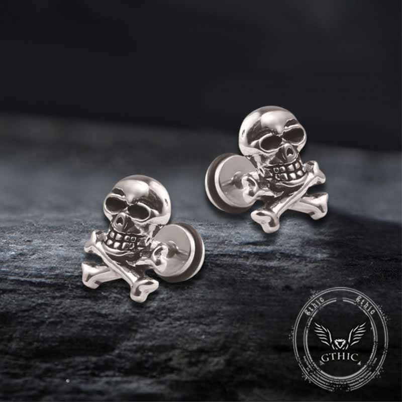 Punk Crossbones Skull Stainless Steel Stud Earrings 01 | Gthic.com