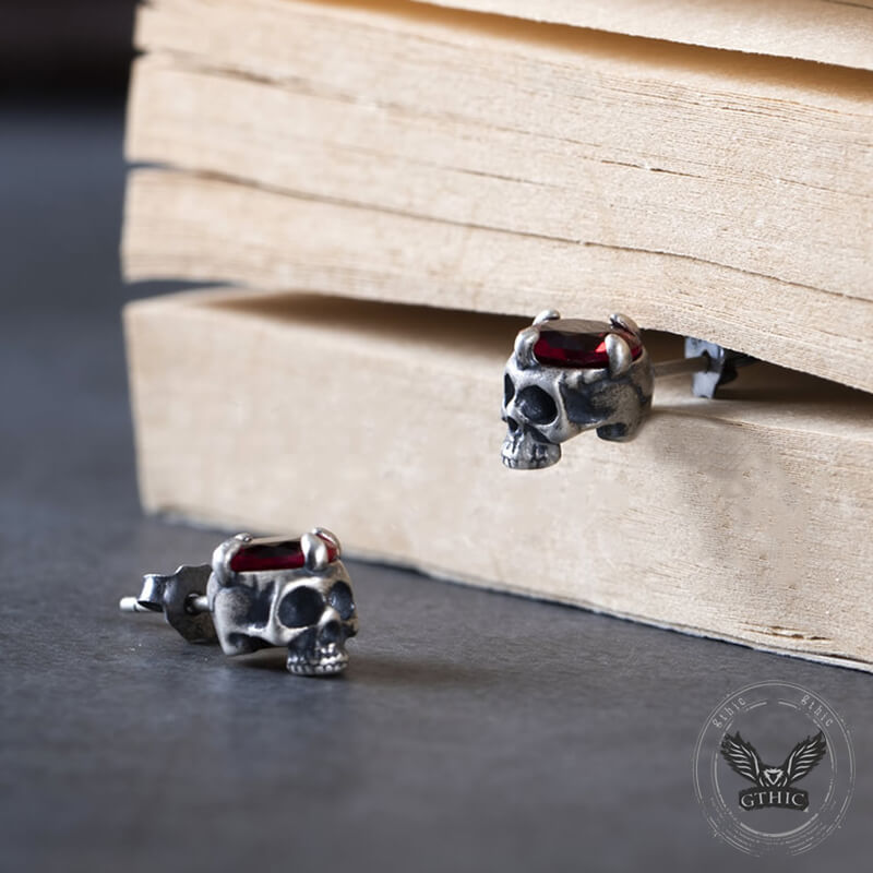 Punk Dark Skull Gemstone Sterling Silver Stud Earrings | Gthic.com