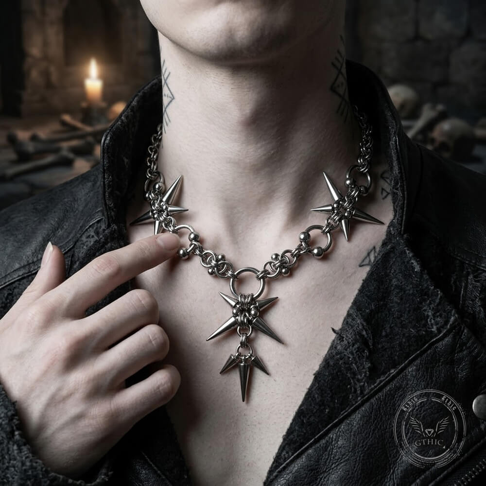 Punk Dark Spiked Rivet Stainless Steel Clavicle Necklace | Gthic.com