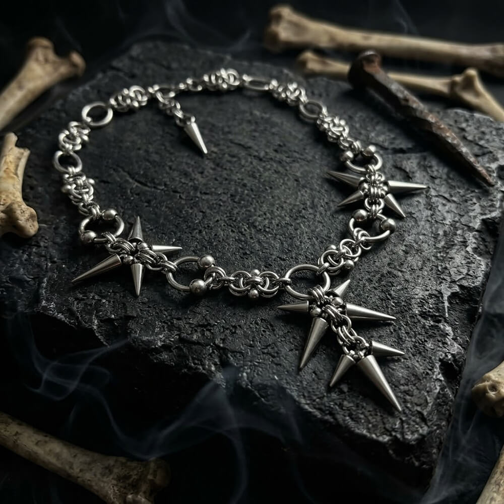 Punk Dark Spiked Rivet Stainless Steel Clavicle Necklace | Gthic.com