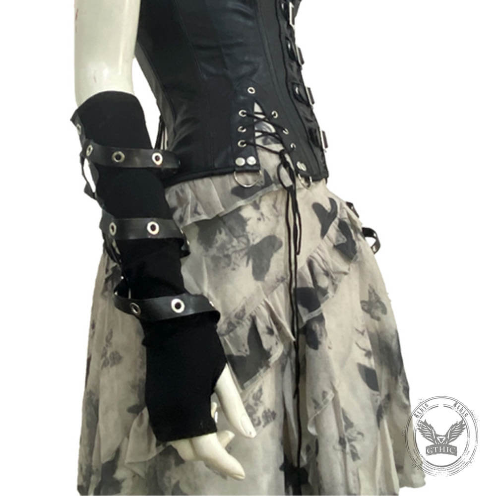 Punk Dark Style PU Strappy Half-Finger Sleeve Gloves