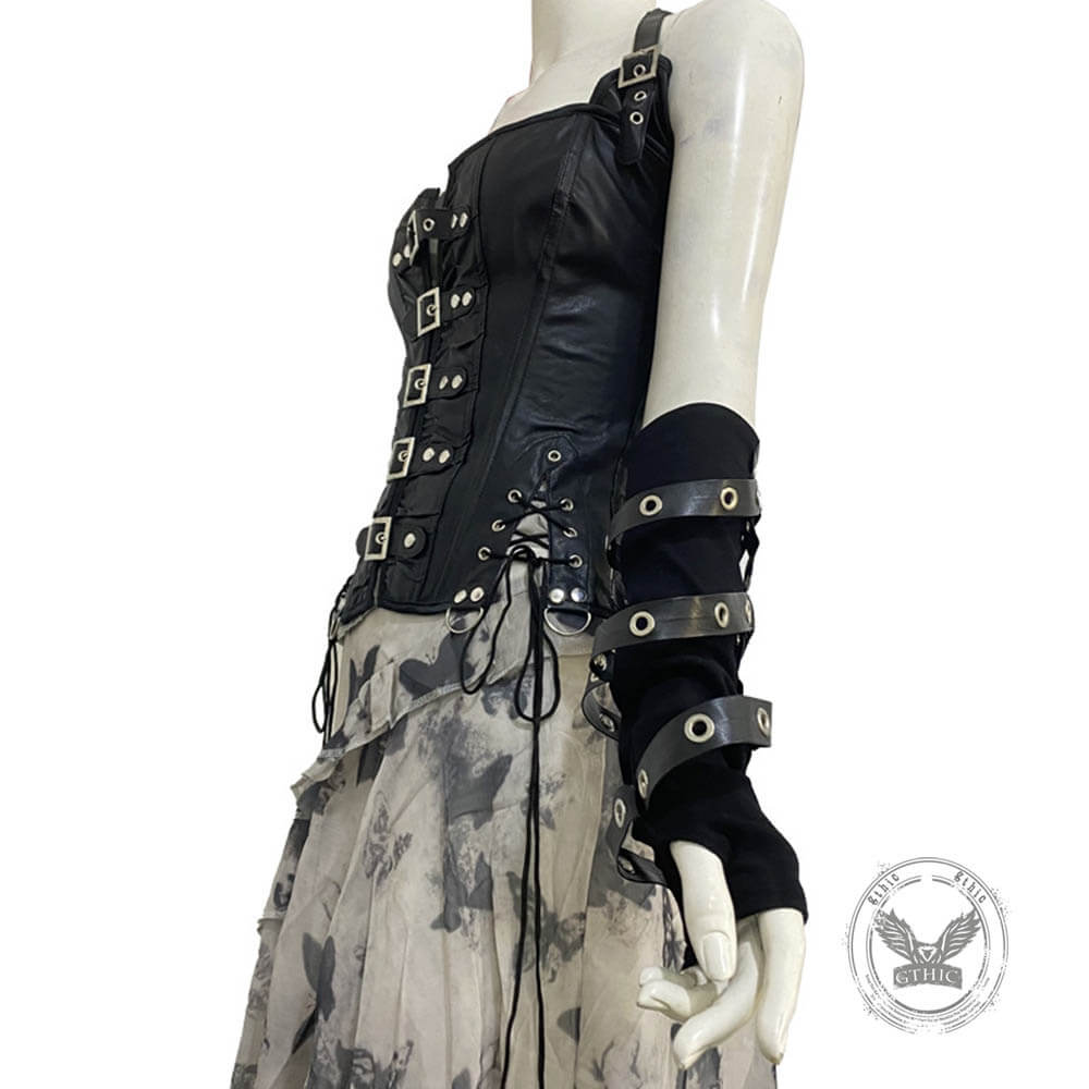 Punk Dark Style PU Strappy Half-Finger Sleeve Gloves