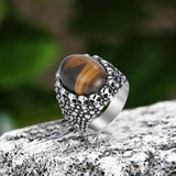 Punk Dense Skull Tiger Eye Stone Stainless Steel Ring | Gthic.com