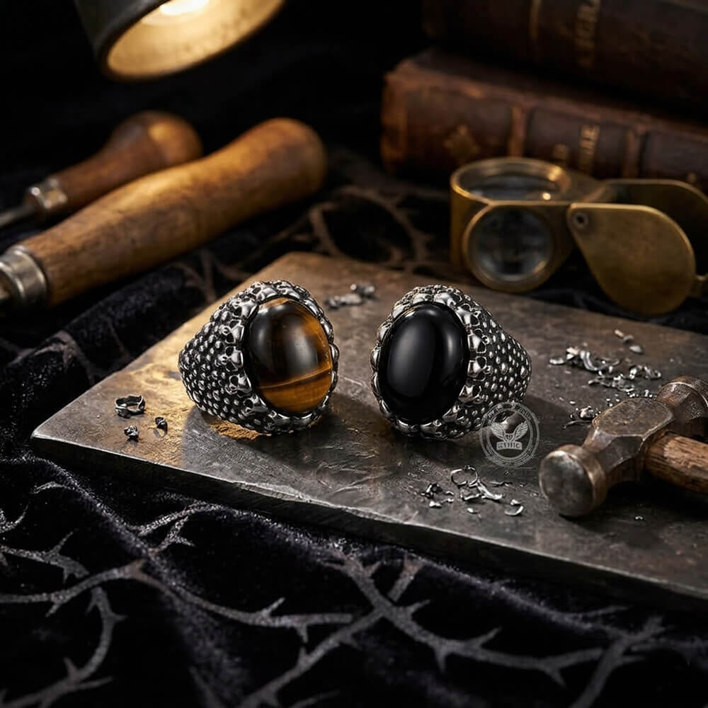 Punk Dense Skull Tiger Eye Stone Stainless Steel Ring | Gthic.com