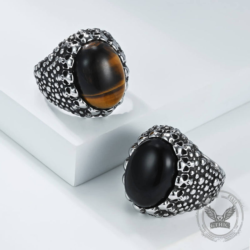 Punk Dense Skull Tiger Eye Stone Stainless Steel Ring | Gthic.com