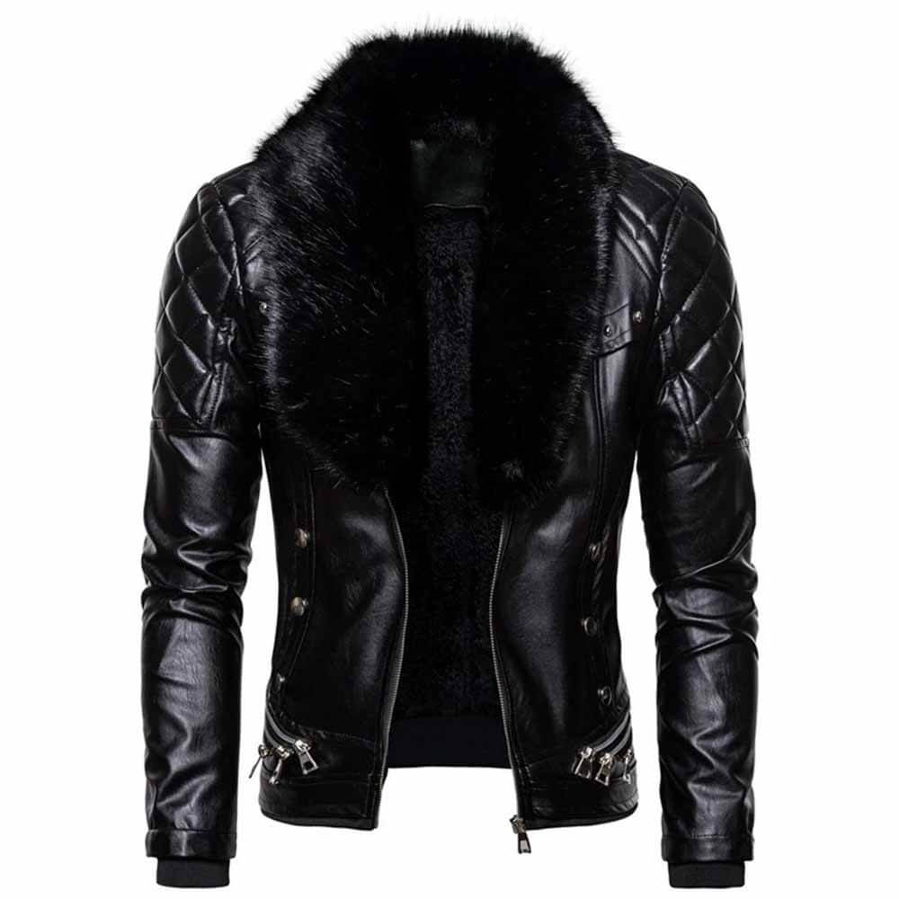 Punk Detachable Fur Collar Thickened PU Leather Jacket 01 | Gthic.com