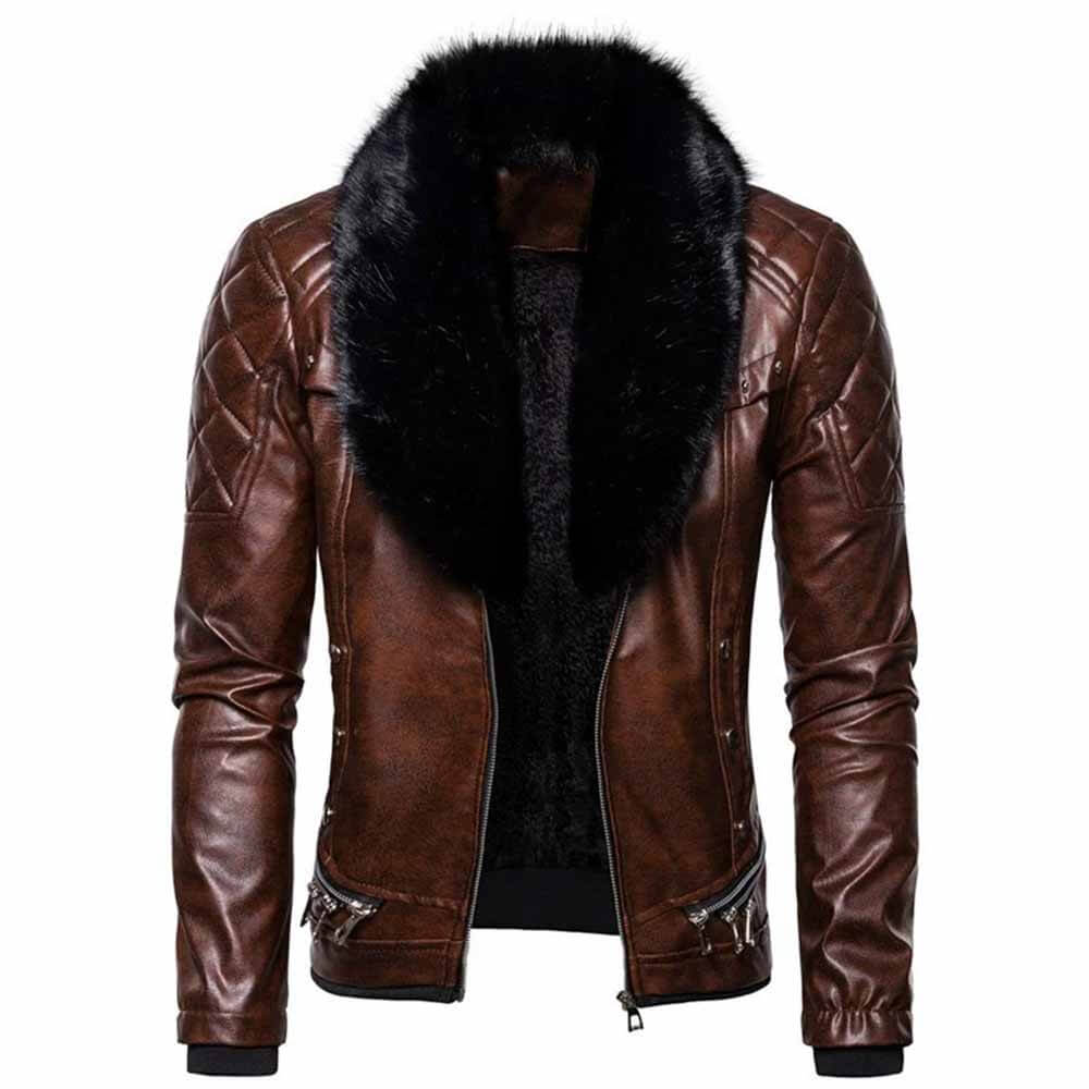 Punk Detachable Fur Collar Thickened PU Leather Jacket 03 | Gthic.com