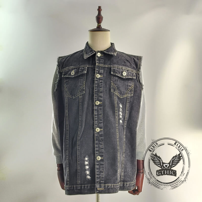 Punk Dice Playing Cards Print Lapel Denim Vest | Gthic.com