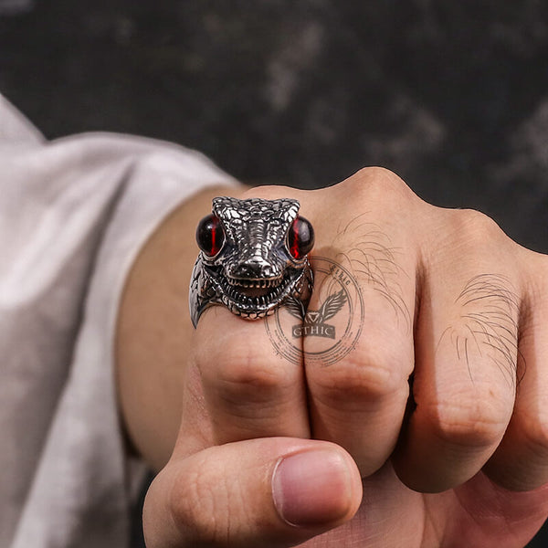 Punk Dinosaur Head Gem Eyes Stainless Steel Ring | Gthic.com