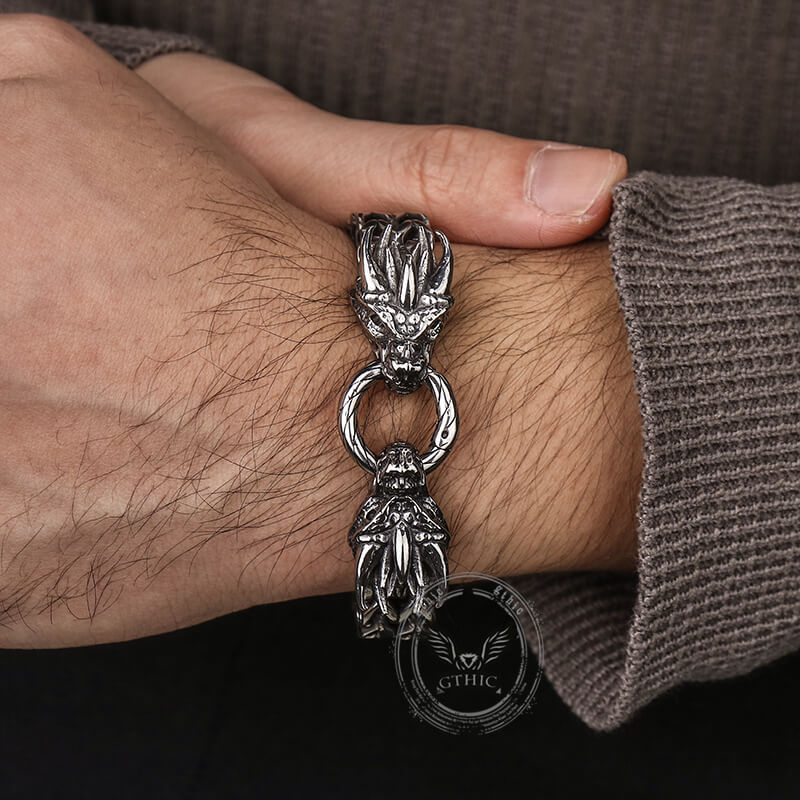 Punk Double Dragon Head Hoop Stainless Steel Bracelet