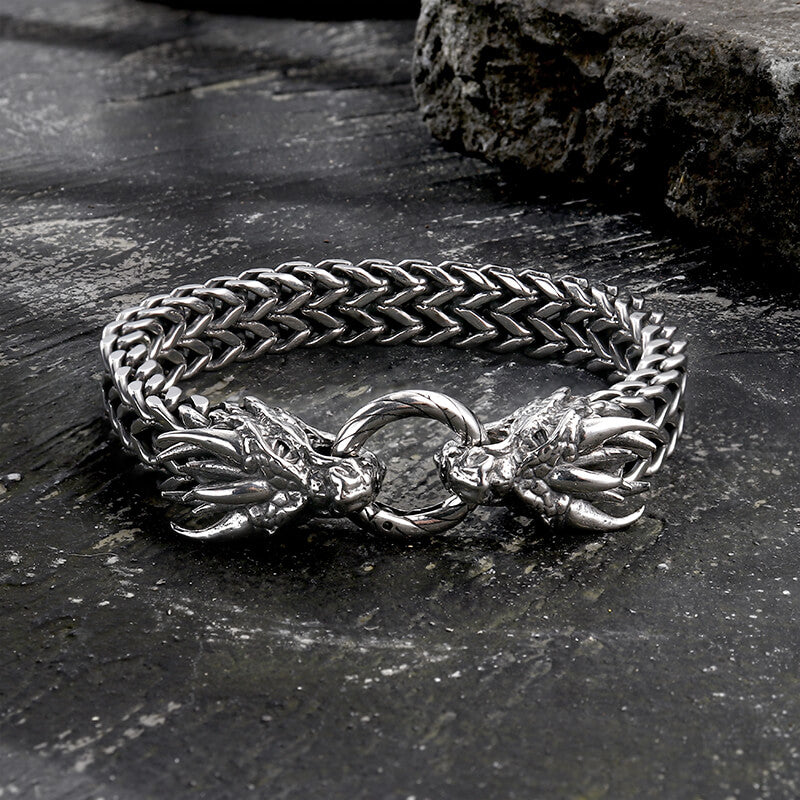 Punk Double Dragon Head Hoop Stainless Steel Bracelet