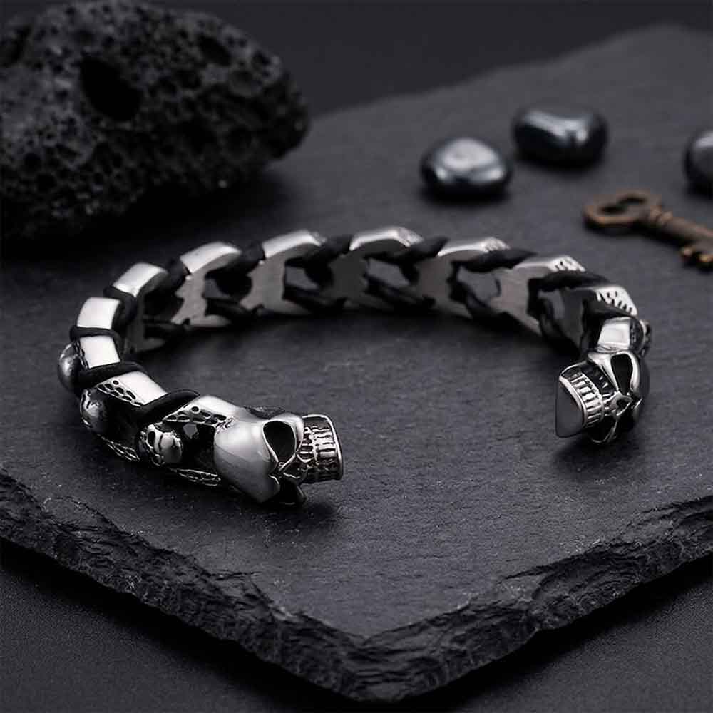 Punk Double Skull & Dragon Head Stainless Steel Bracelet | Gthic.com