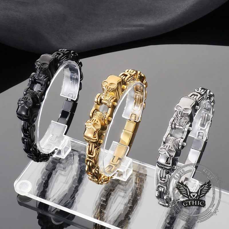 Punk Double Skull Head Stainless Steel Bracelet 01 | Gthic.com
