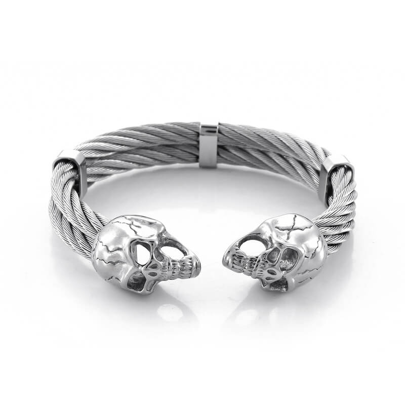 Punk Double Skull Wire Stainless Steel Bracelet | Gthic.com