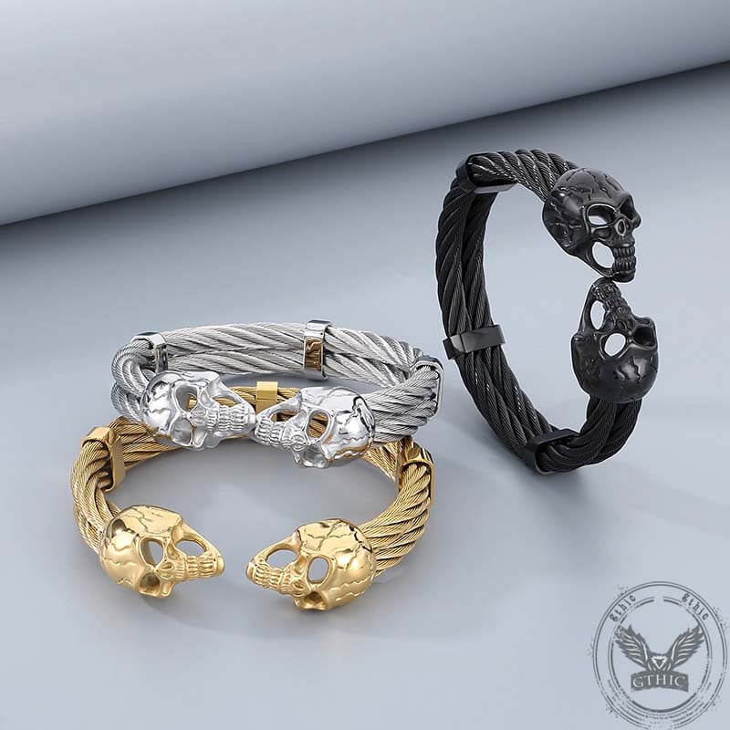 Punk Double Skull Wire Stainless Steel Bracelet | Gthic.com