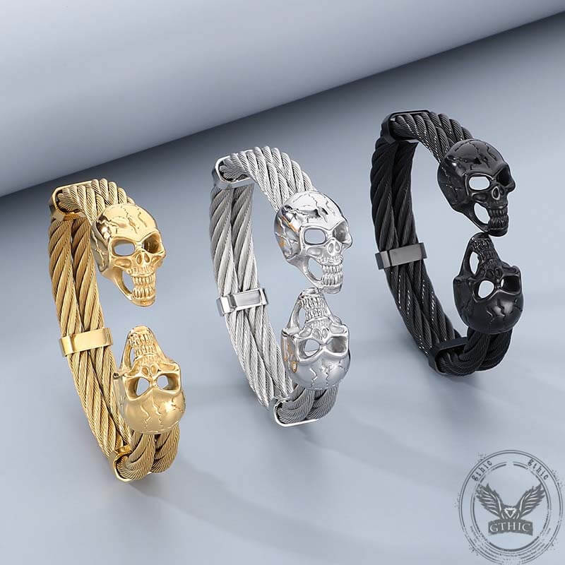 Punk Double Skull Wire Stainless Steel Bracelet | Gthic.com