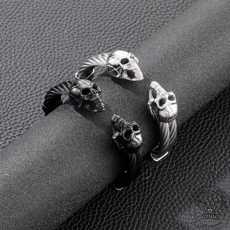 Punk Double Skull Wire Stainless Steel Bracelet | Gthic.com