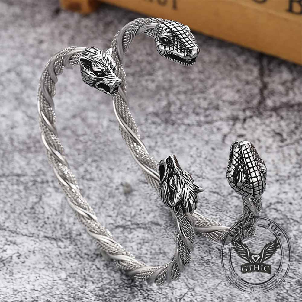 Punk Double Wolf Head Stainless Steel Open Bracelet | Gthic.com
