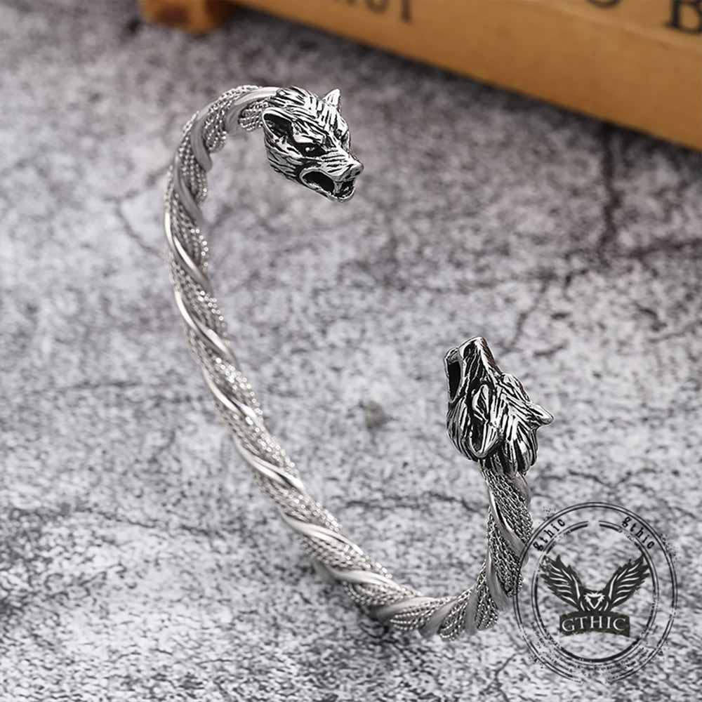 Punk Double Wolf Head Stainless Steel Open Bracelet
