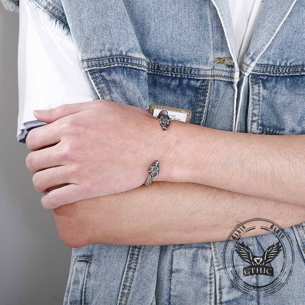 Oakky Men's Stainless Steel Double Dragon Head Bangle Bracelet - 10mm Wide Open Cuff, Vintage Punk Style