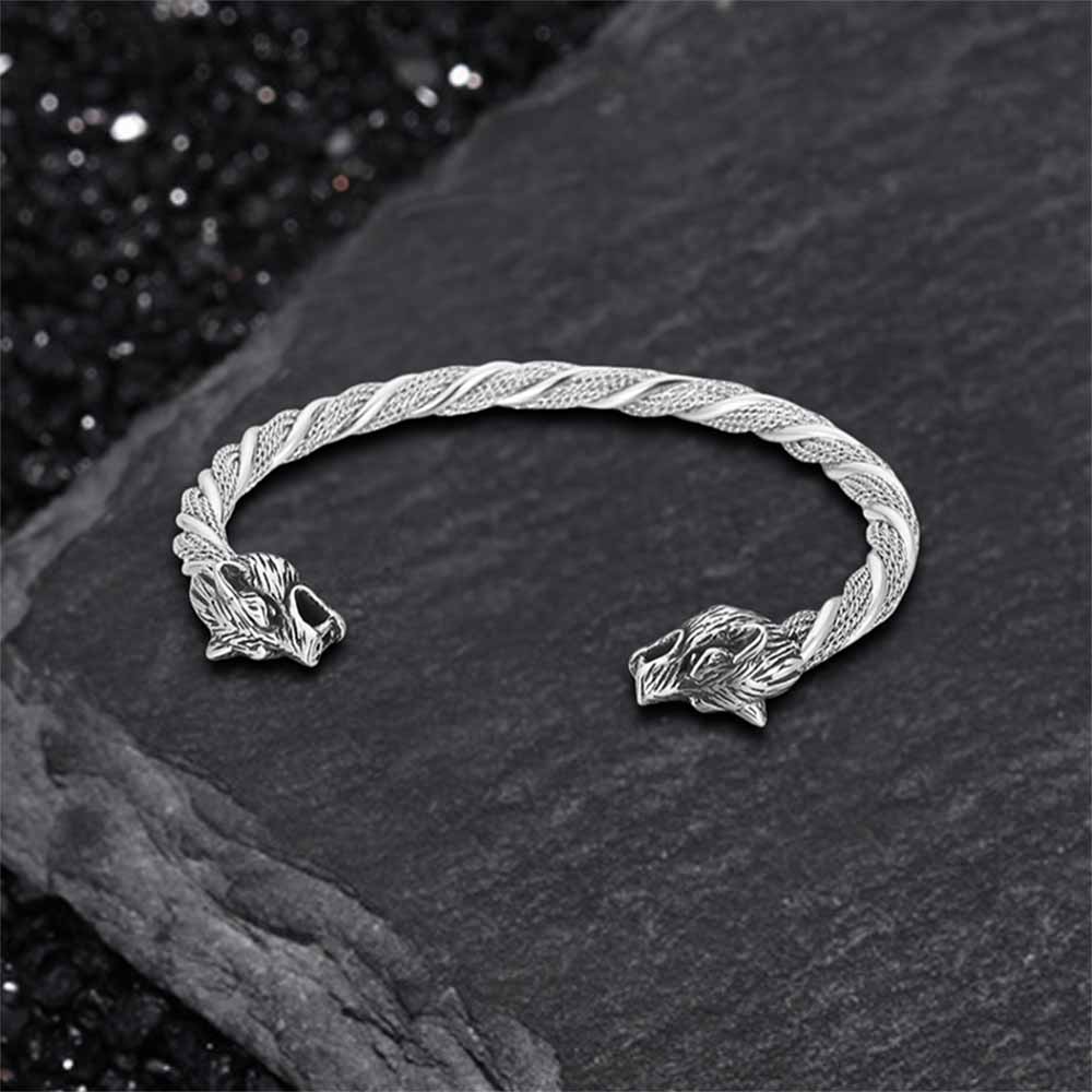 Punk Double Wolf Head Stainless Steel Open Bracelet | Gthic.com