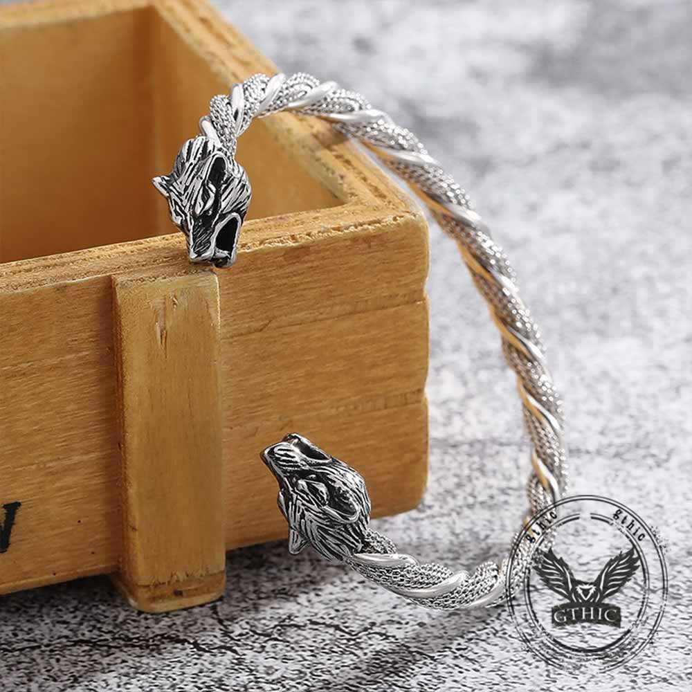 Punk Double Wolf Head Stainless Steel Open Bracelet